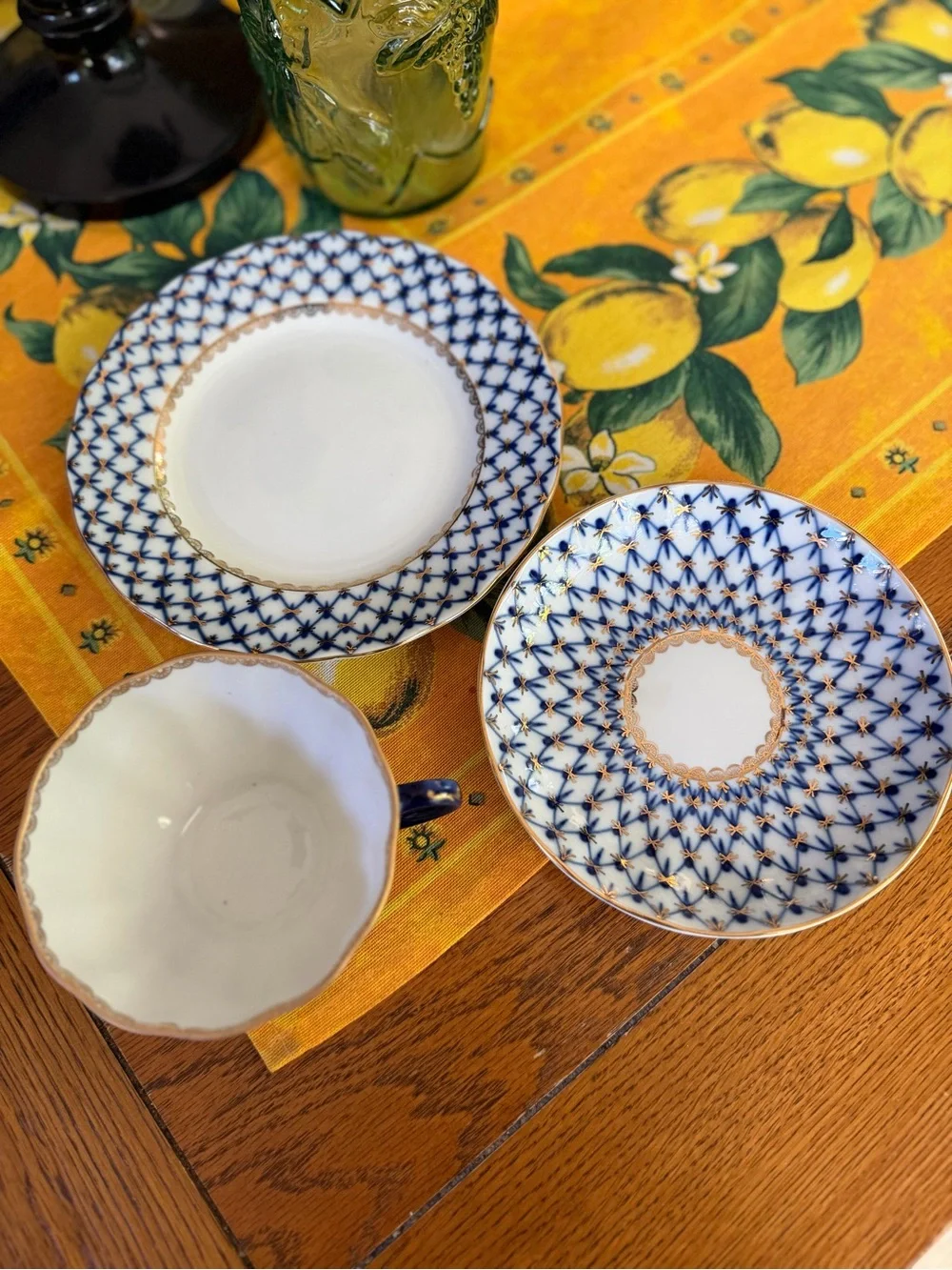 Russian Lomonosov Cobalt Net Tulip Teacup, Saucer, Dessert Plate VGUC Vintage